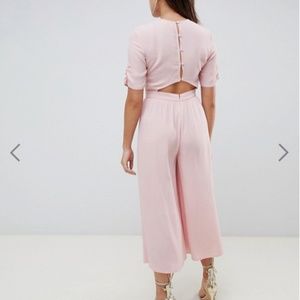 asos design tea jumpsuit with ruched sleeve detail